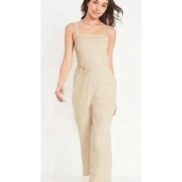 Old Navy Pants - Old Navy Women's XL Tall Linen Blend Square Neck Wide Leg Jumpsuit Natural Beige